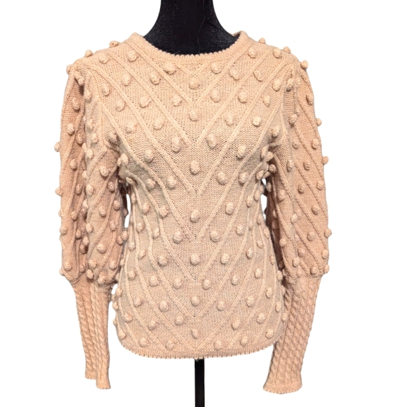 Chic Wish Dusty Rose Hand Knit Puff Sleeve Pom Pom Sweater Statement Sleeves - Picture 1 of 7